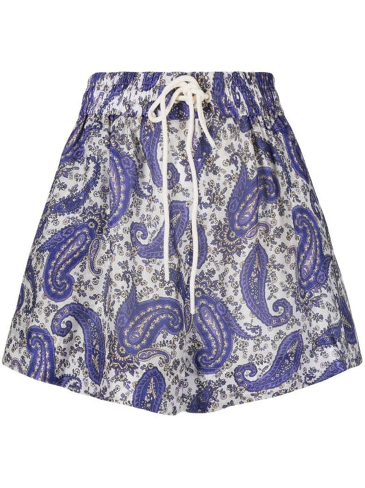 Blue Devi Paisley Print Silk Shorts