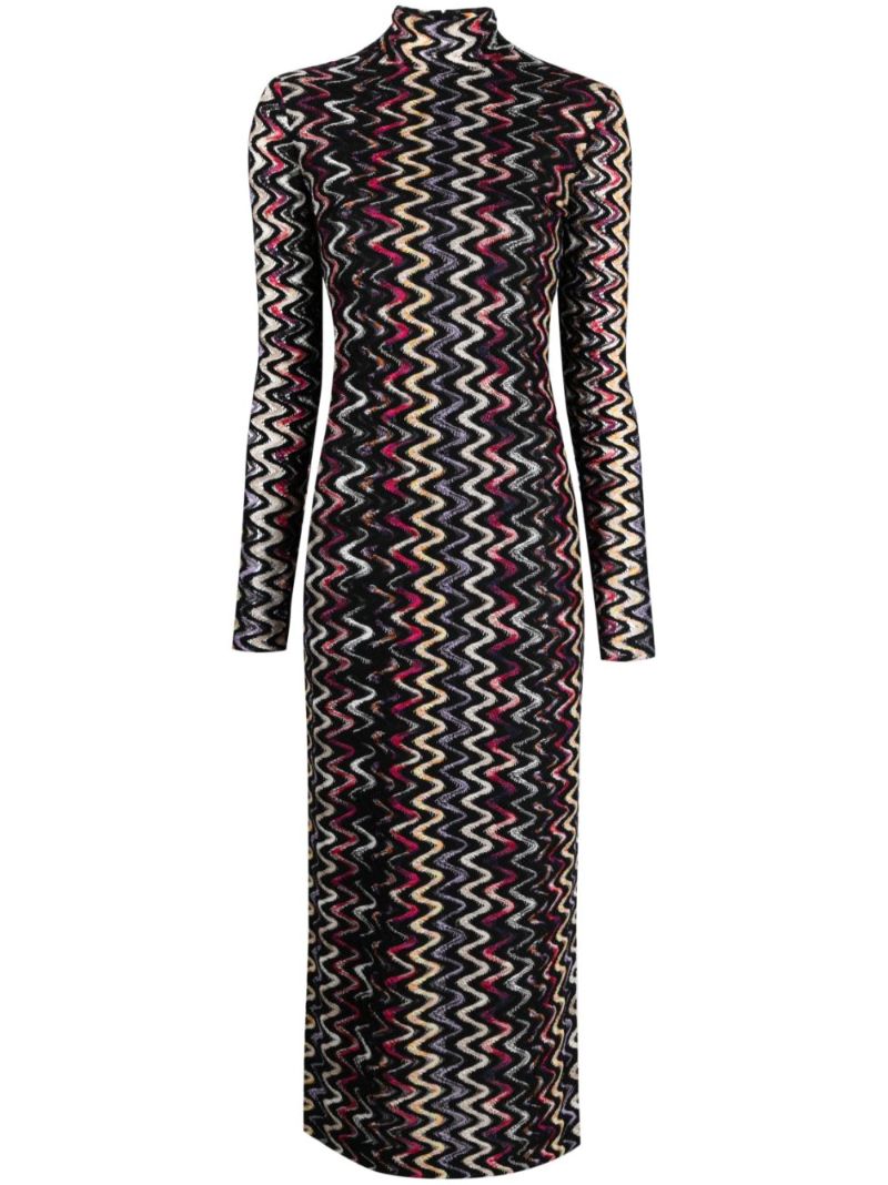 Black Zigzag Crochet Knit Midi Dress