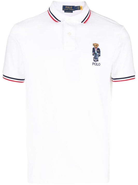 White Polo Bear Embroidered Cotton Polo Shirt