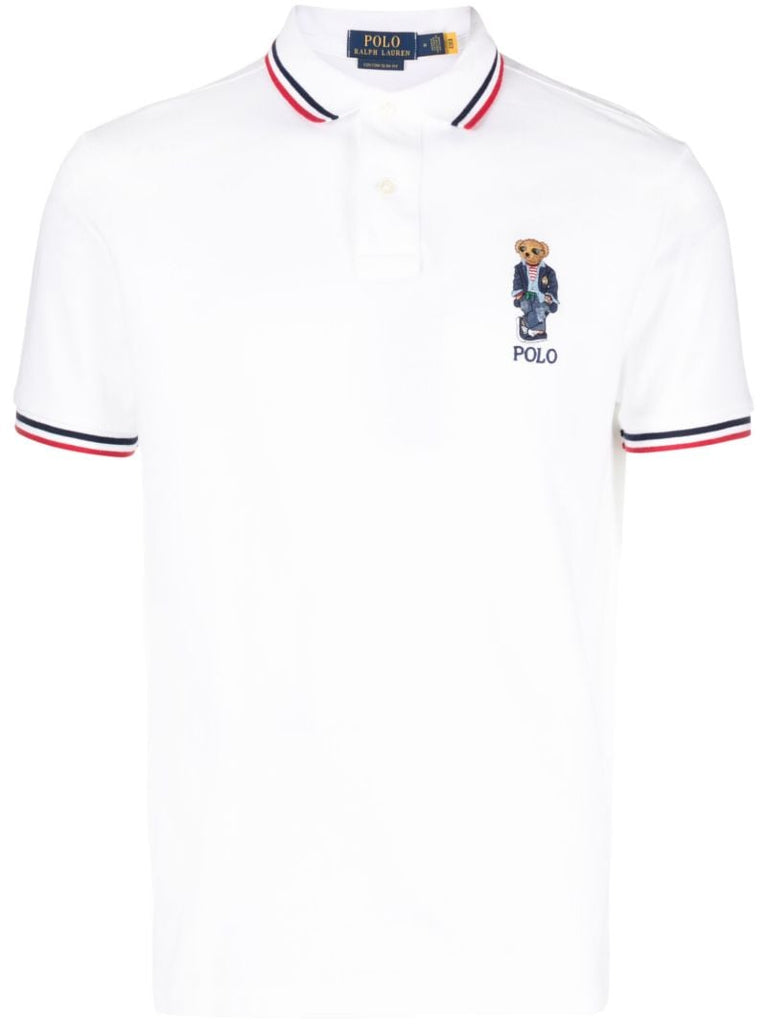 White Polo Bear Embroidered Cotton Polo Shirt