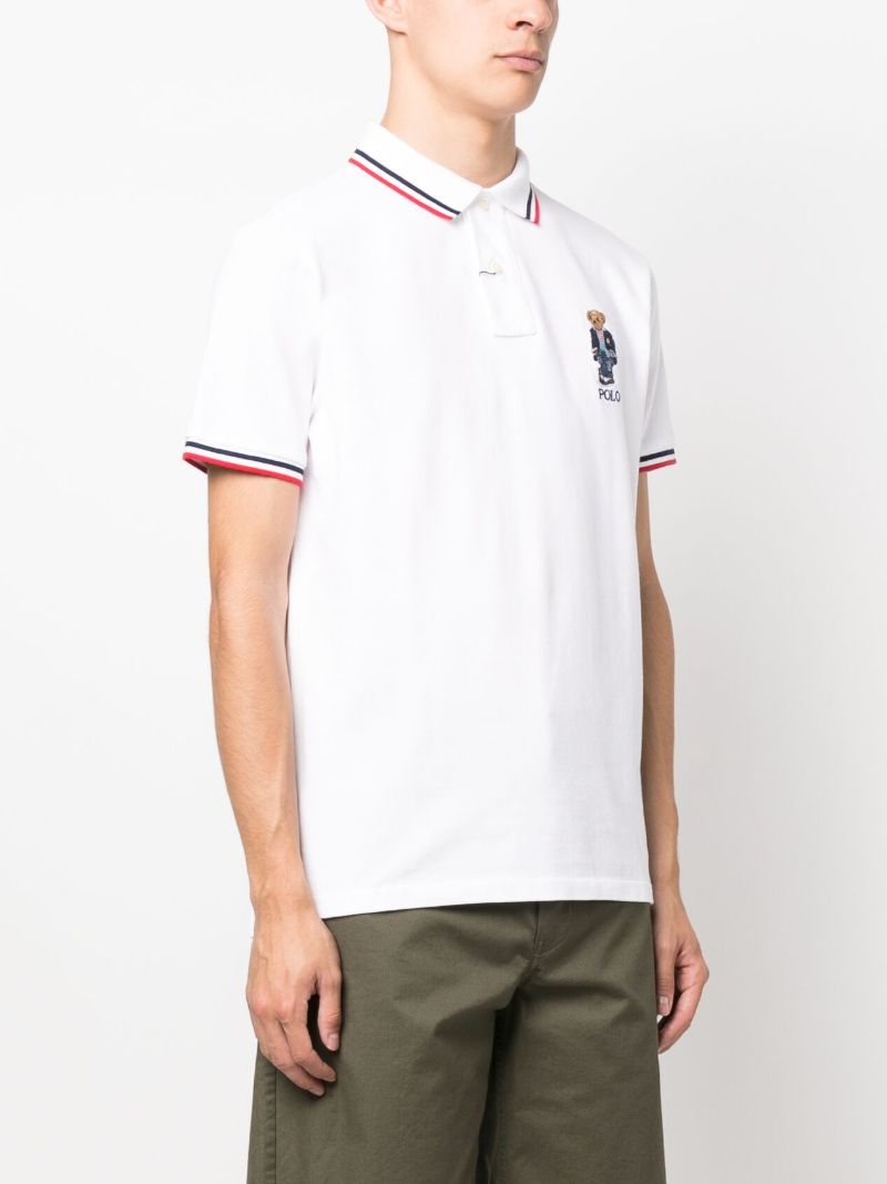 White Polo Bear Embroidered Cotton Polo Shirt