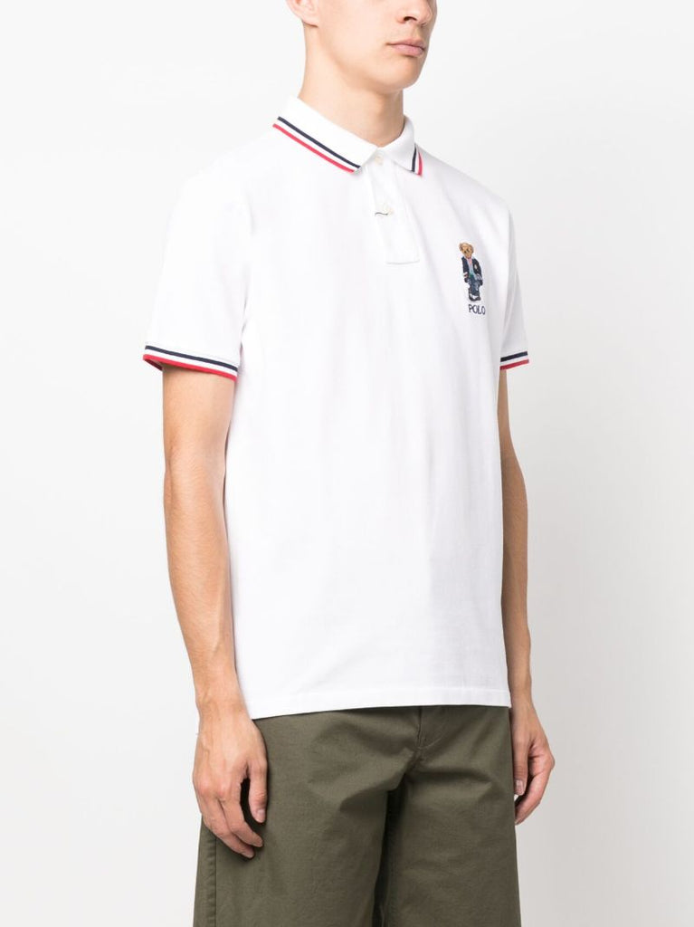 White Polo Bear Embroidered Cotton Polo Shirt