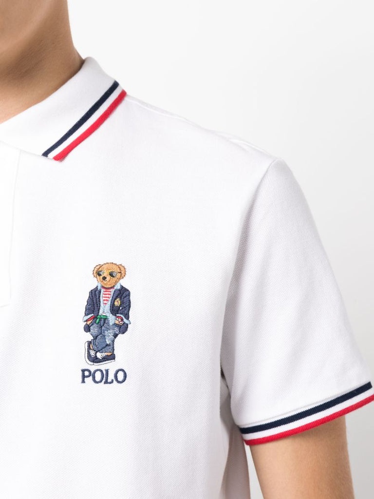 White Polo Bear Embroidered Cotton Polo Shirt