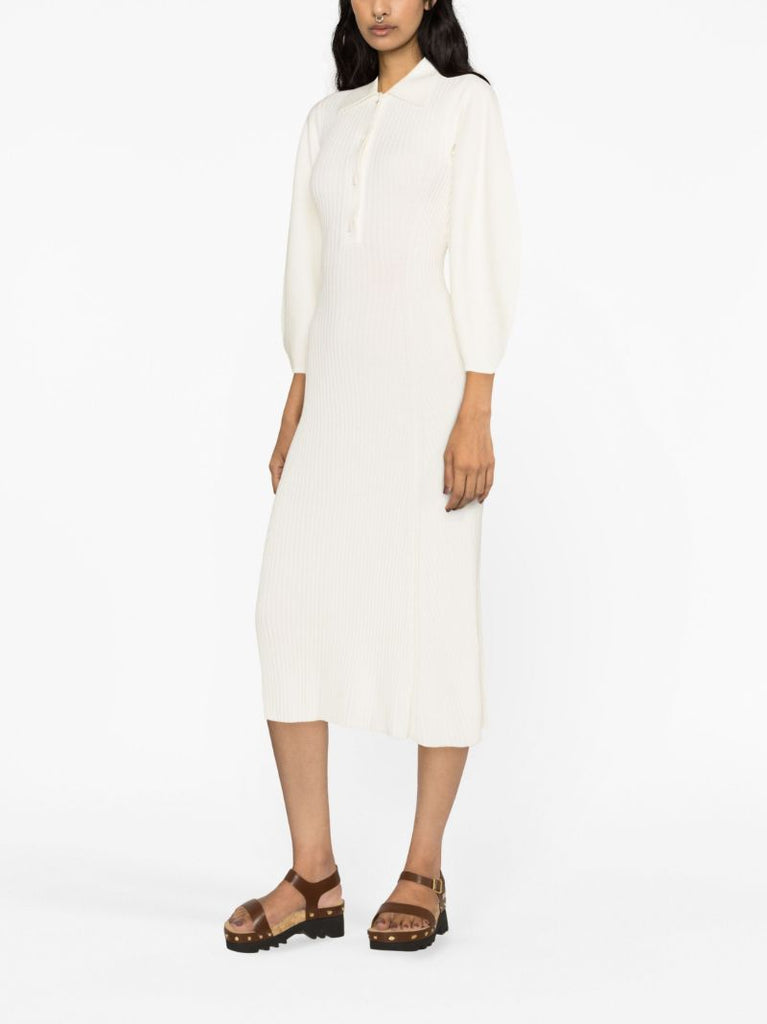 White Ribbed-knit Polo Wool Midi Dress