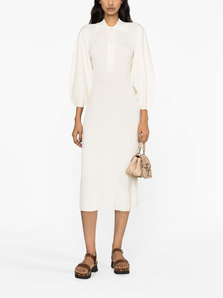 White Ribbed-knit Polo Wool Midi Dress