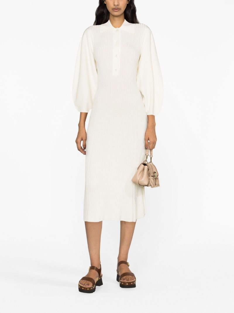 White Ribbed-knit Polo Wool Midi Dress