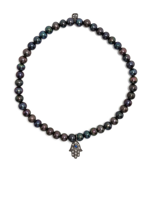 14k Yellow Gold Small Hamsa Pearl and Diamond Racelet
