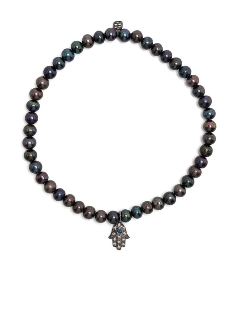 14k Yellow Gold Small Hamsa Pearl and Diamond Racelet