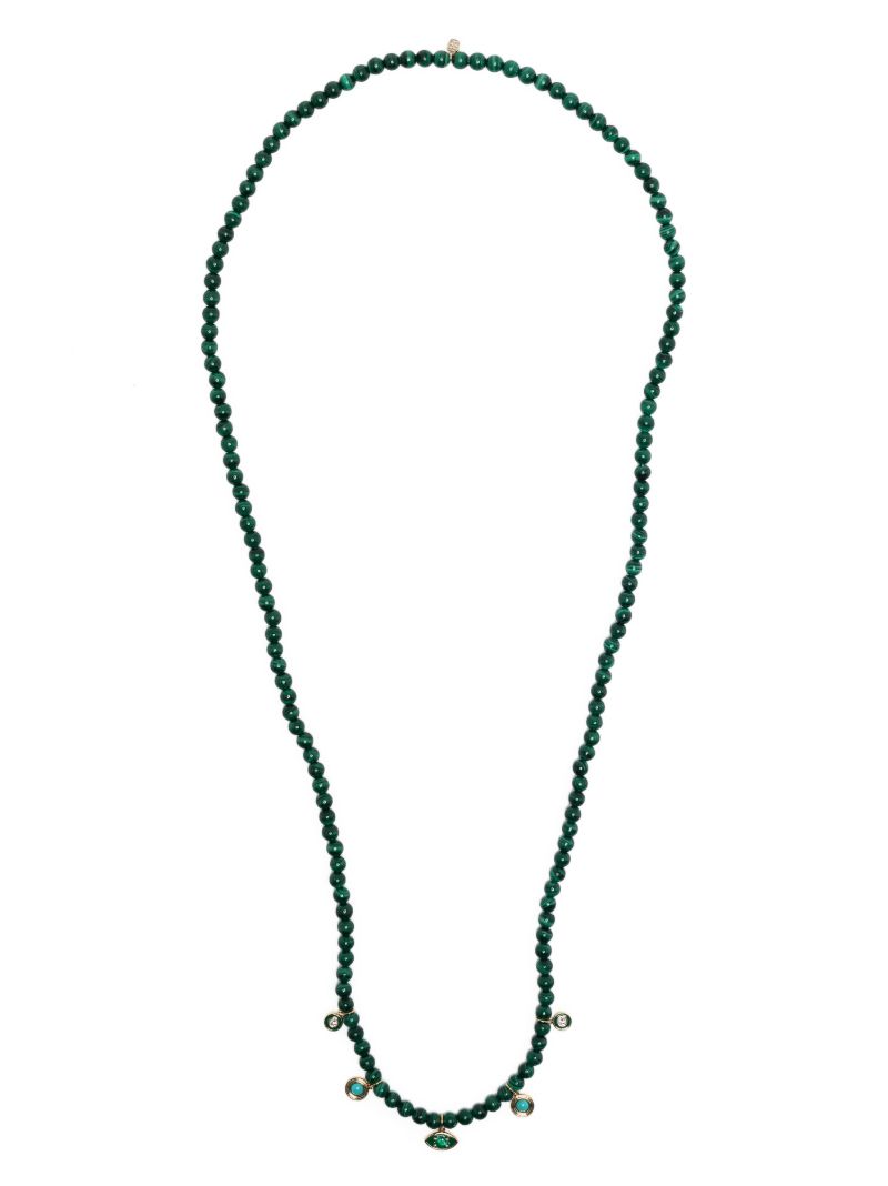 14k Yellow Gold Marquise Eye Malachite and Diamond Necklace
