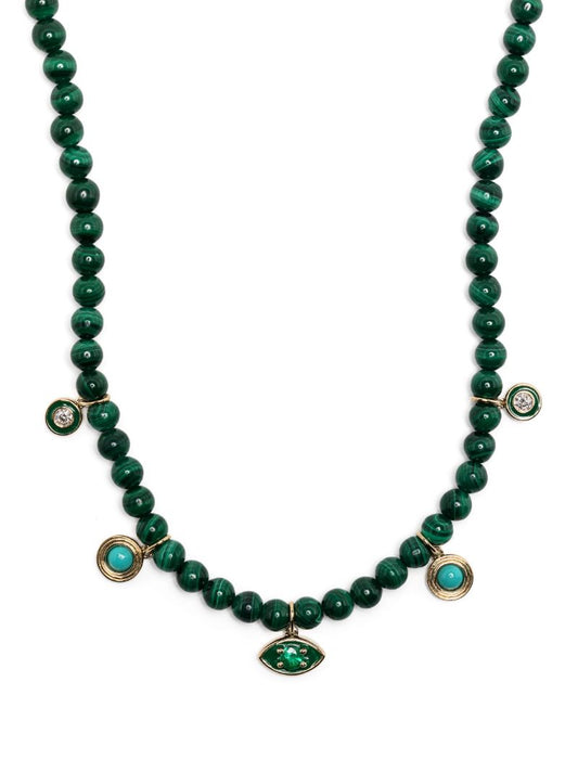 14k Yellow Gold Marquise Eye Malachite and Diamond Necklace