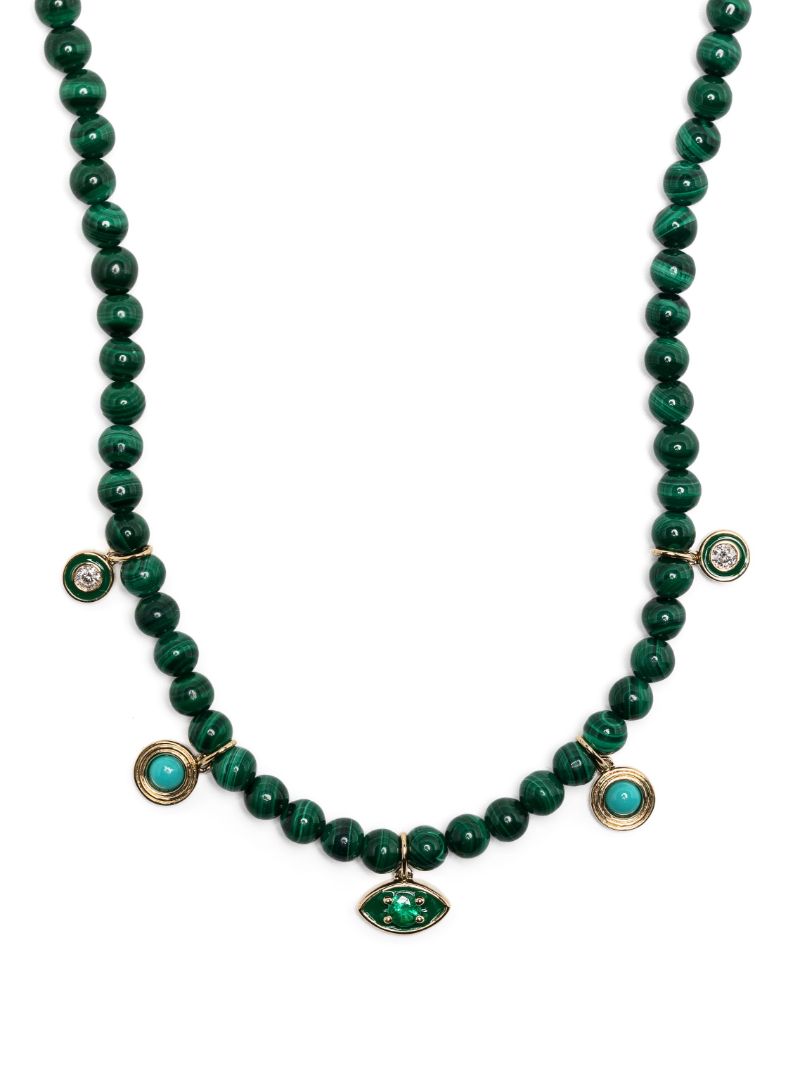 14k Yellow Gold Marquise Eye Malachite and Diamond Necklace