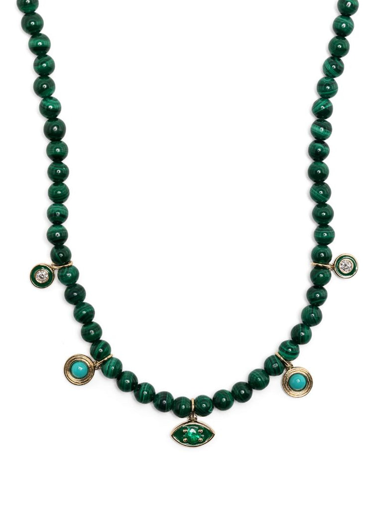 14k Yellow Gold Marquise Eye Malachite and Diamond Necklace