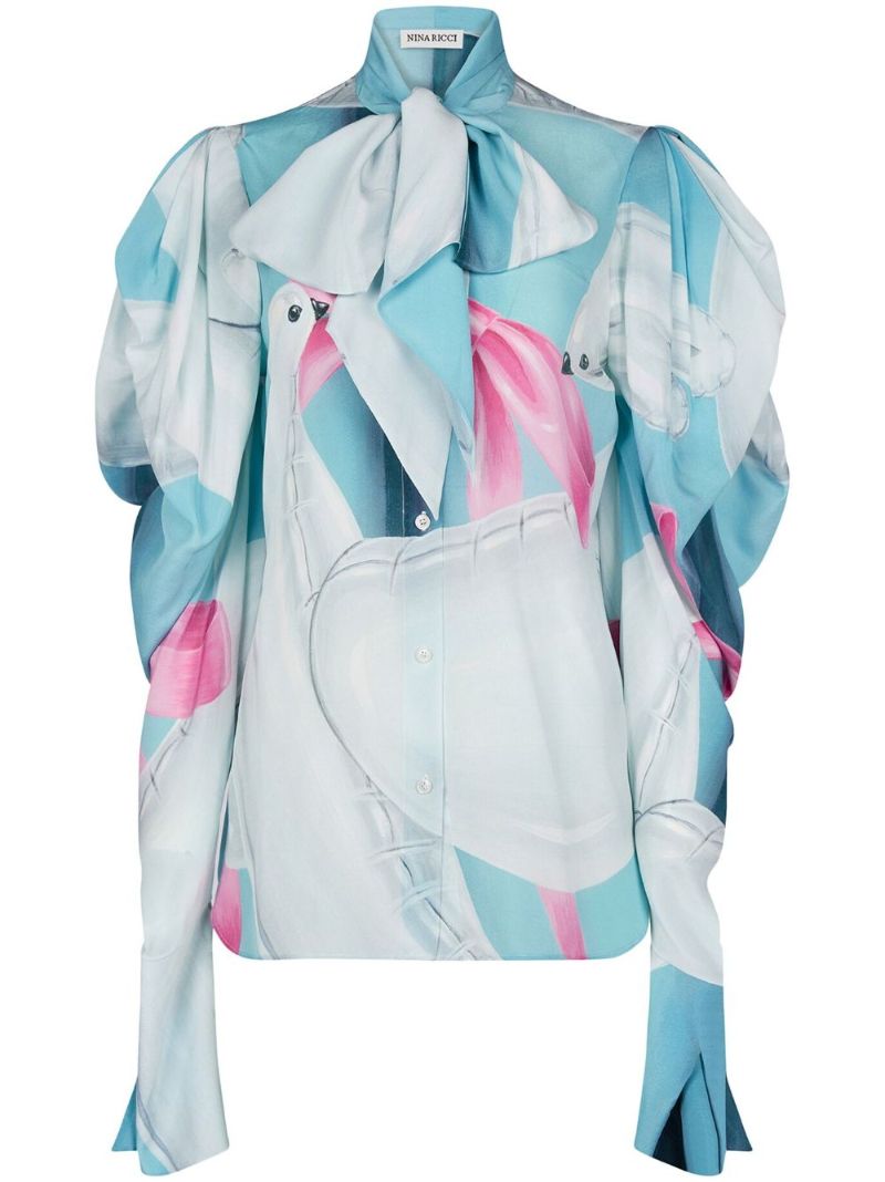 Blue Puff-sleeve Silk Blouse