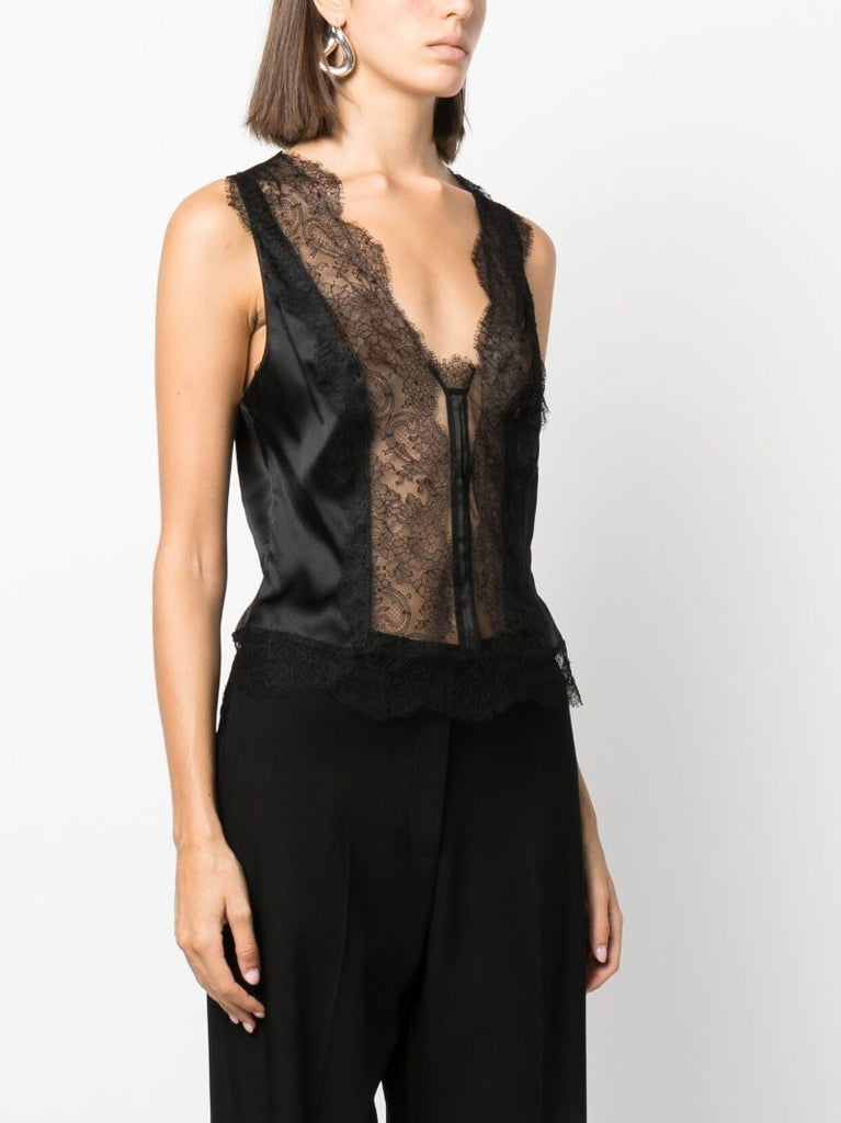 Black Silk Satin Lace Camisole Top