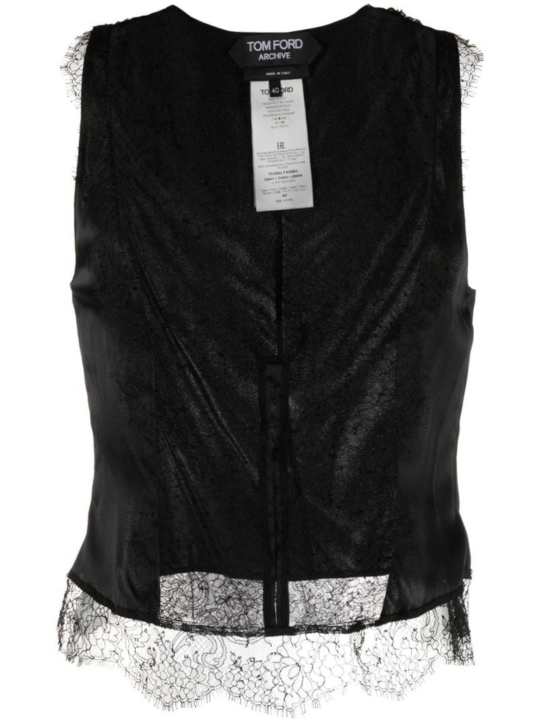 Black Silk Satin Lace Camisole Top