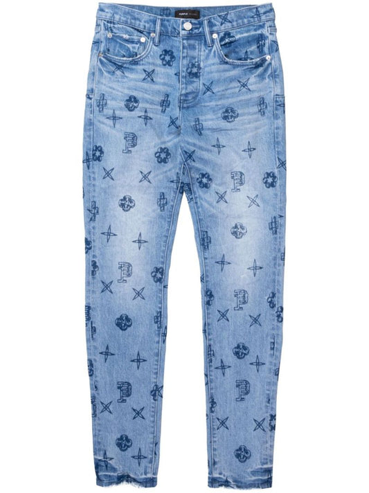 Blue Monogram-print Straight-leg Jeans