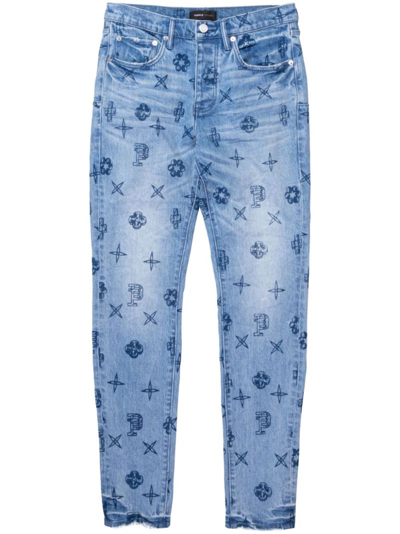 Blue Monogram-print Straight-leg Jeans