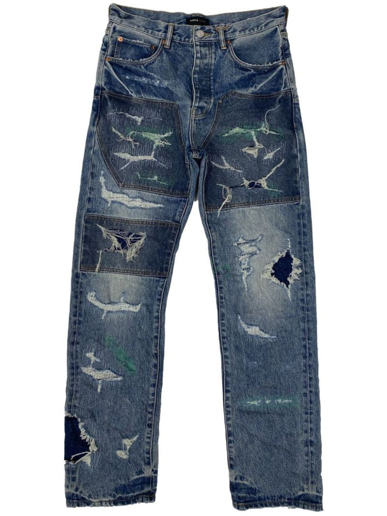 Blue Distressed Straight-leg Jeans
