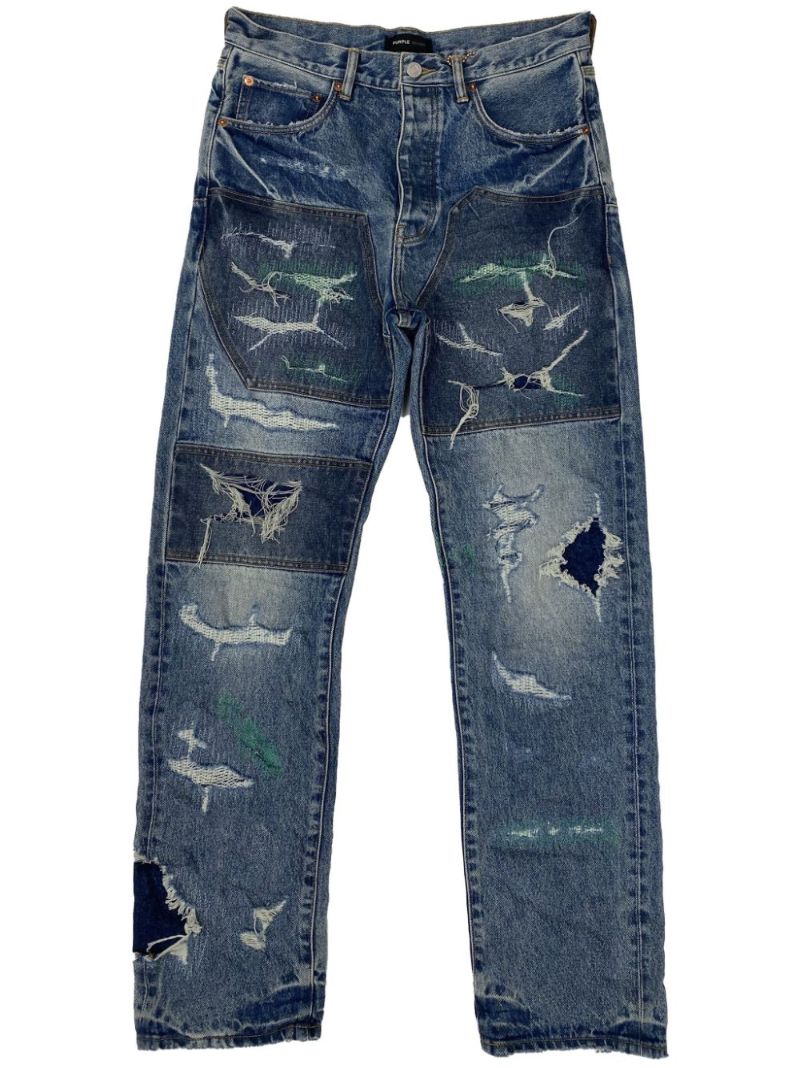 Blue Distressed Straight-leg Jeans