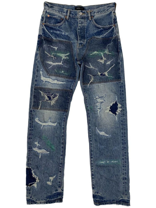 Blue Distressed Straight-leg Jeans