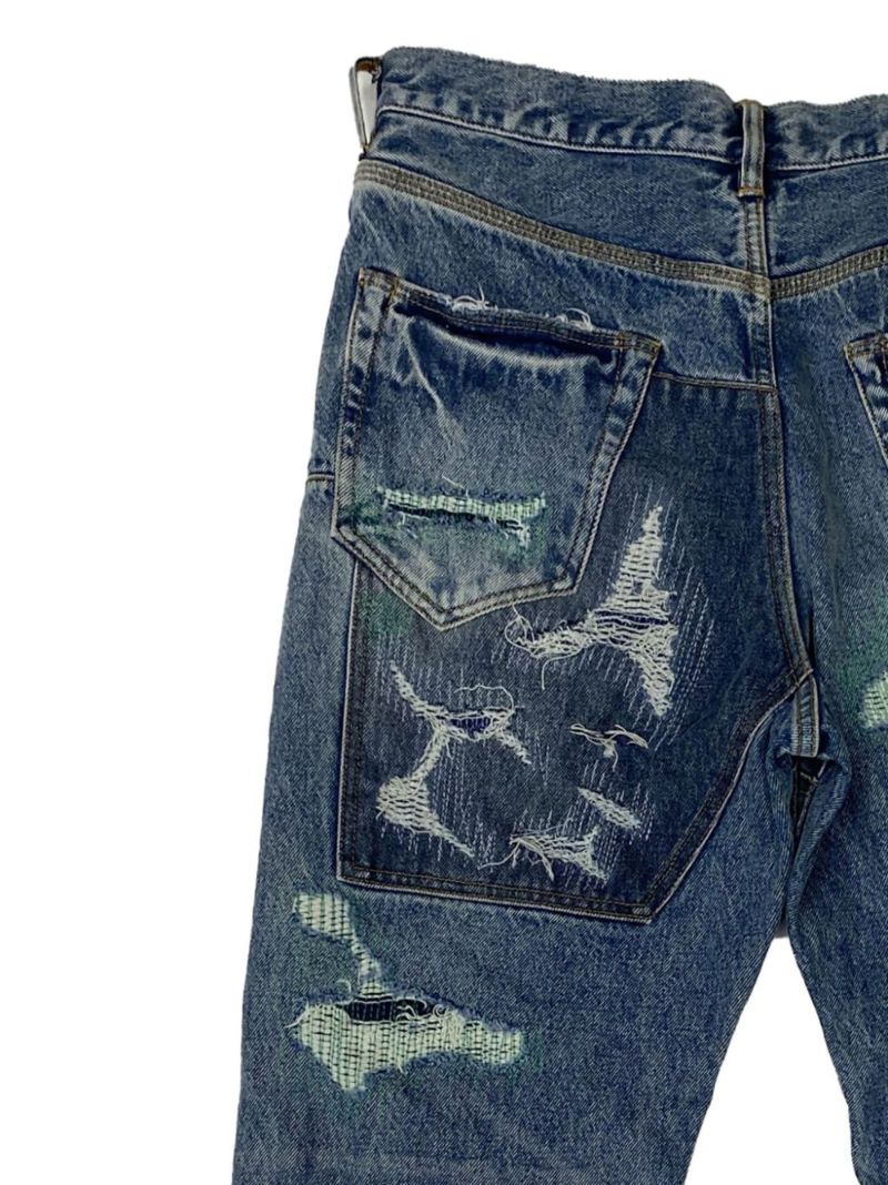 Blue Distressed Straight-leg Jeans