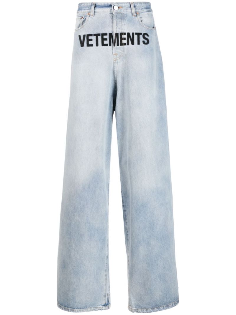 Blue Logo-embroidered Wide-leg Jeans