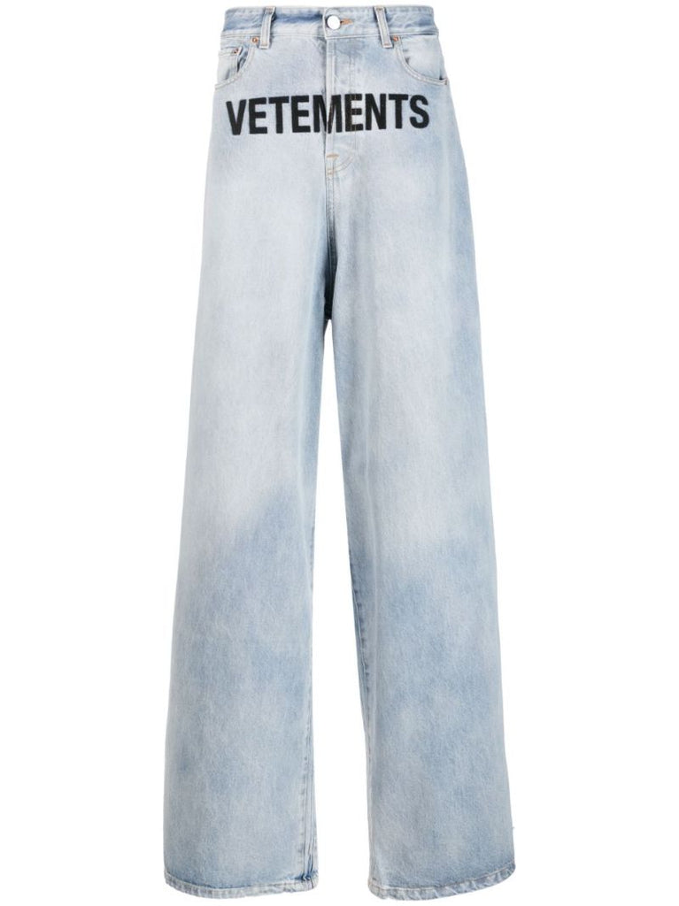 Blue Logo-embroidered Wide-leg Jeans