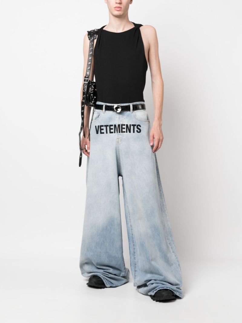 Blue Logo-embroidered Wide-leg Jeans