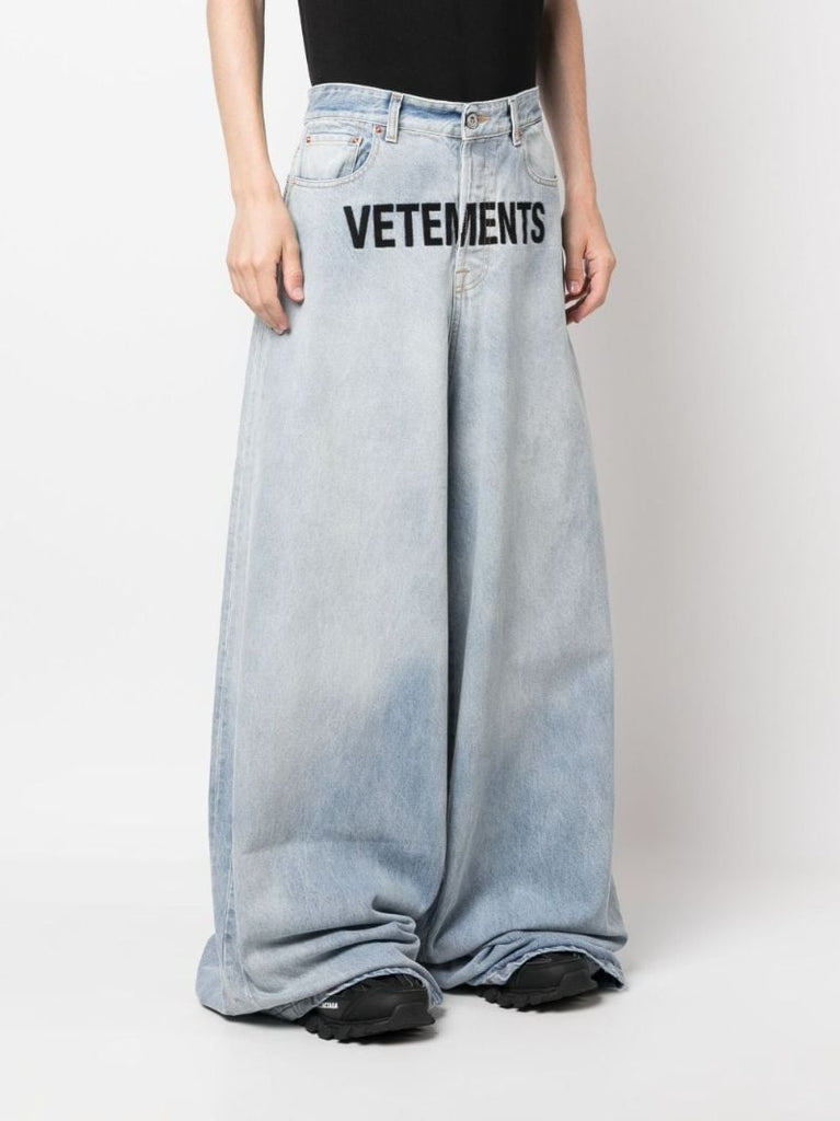 Blue Logo-embroidered Wide-leg Jeans