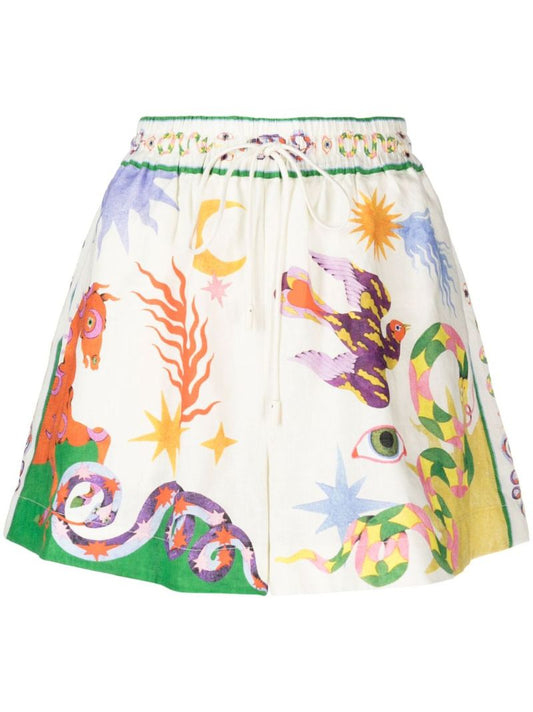 White Seeker Printed Linen Shorts