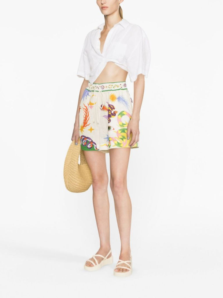 White Seeker Printed Linen Shorts