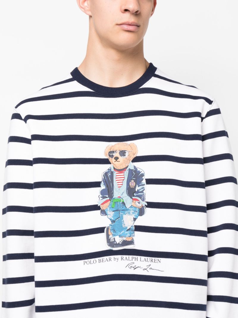 White Polo Bear Print Striped Sweatshirt