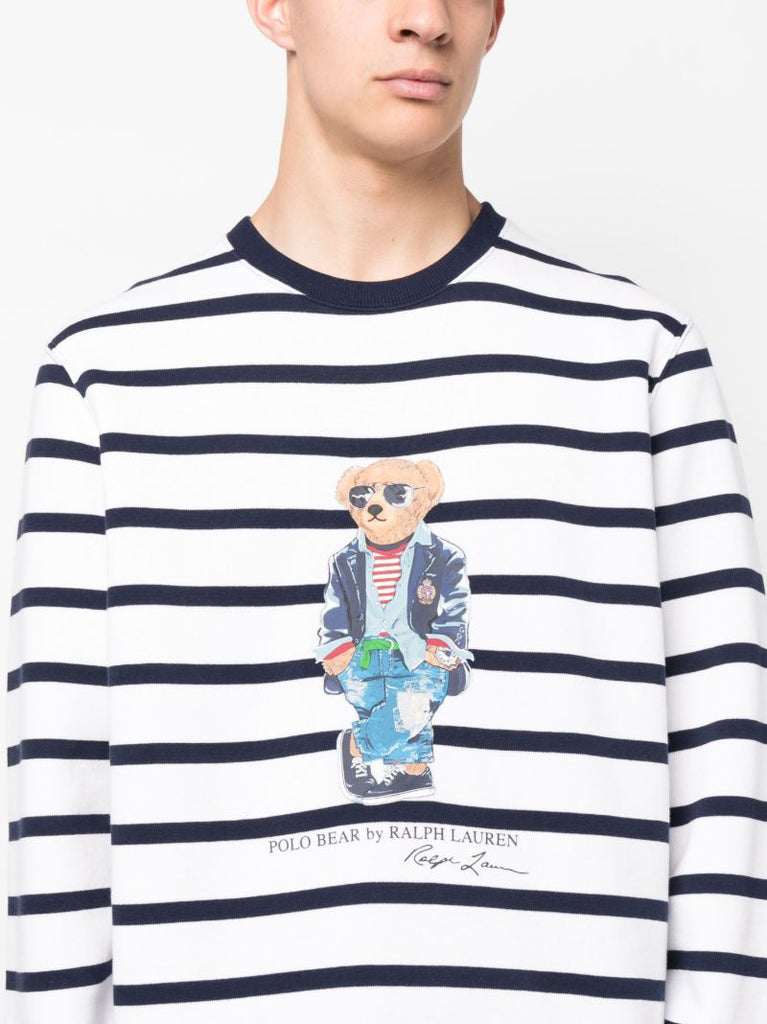 White Polo Bear Print Striped Sweatshirt