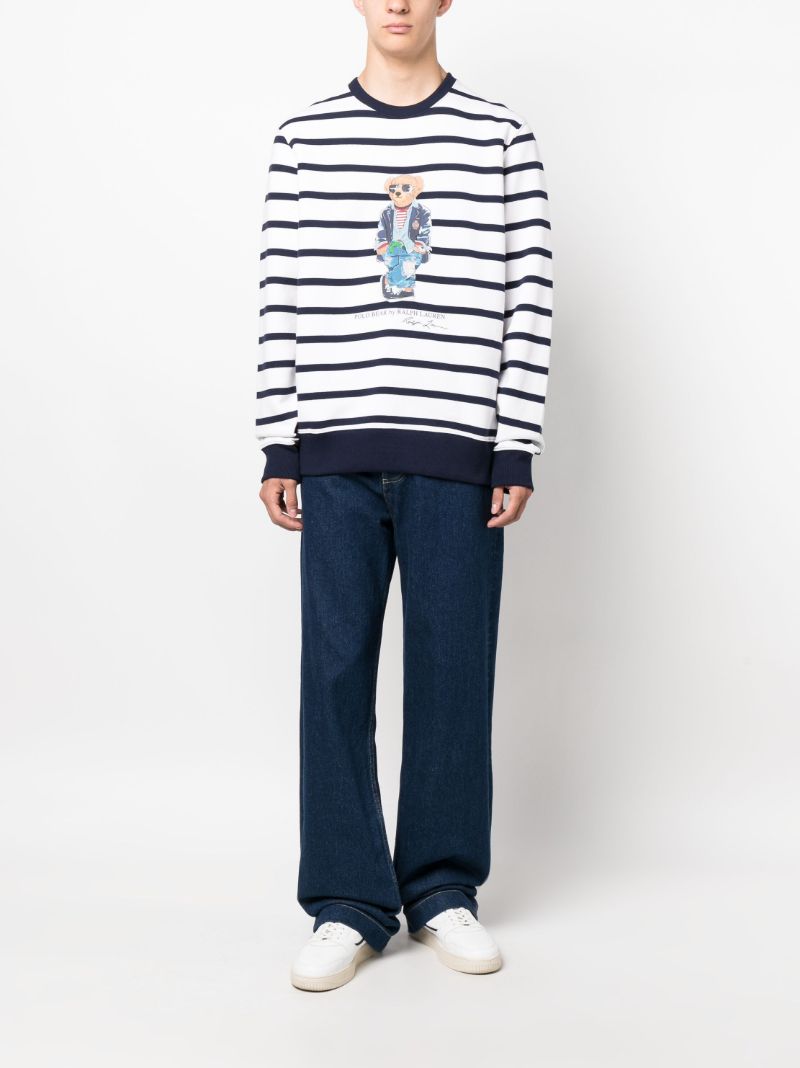 White Polo Bear Print Striped Sweatshirt