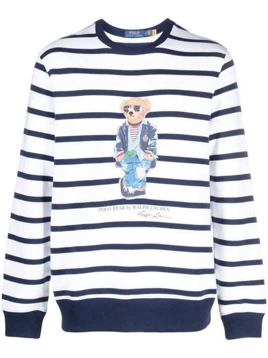 White Polo Bear Print Striped Sweatshirt