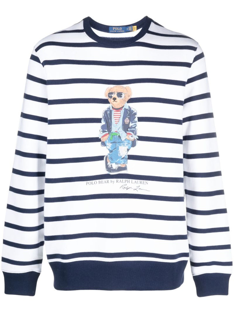 White Polo Bear Print Striped Sweatshirt
