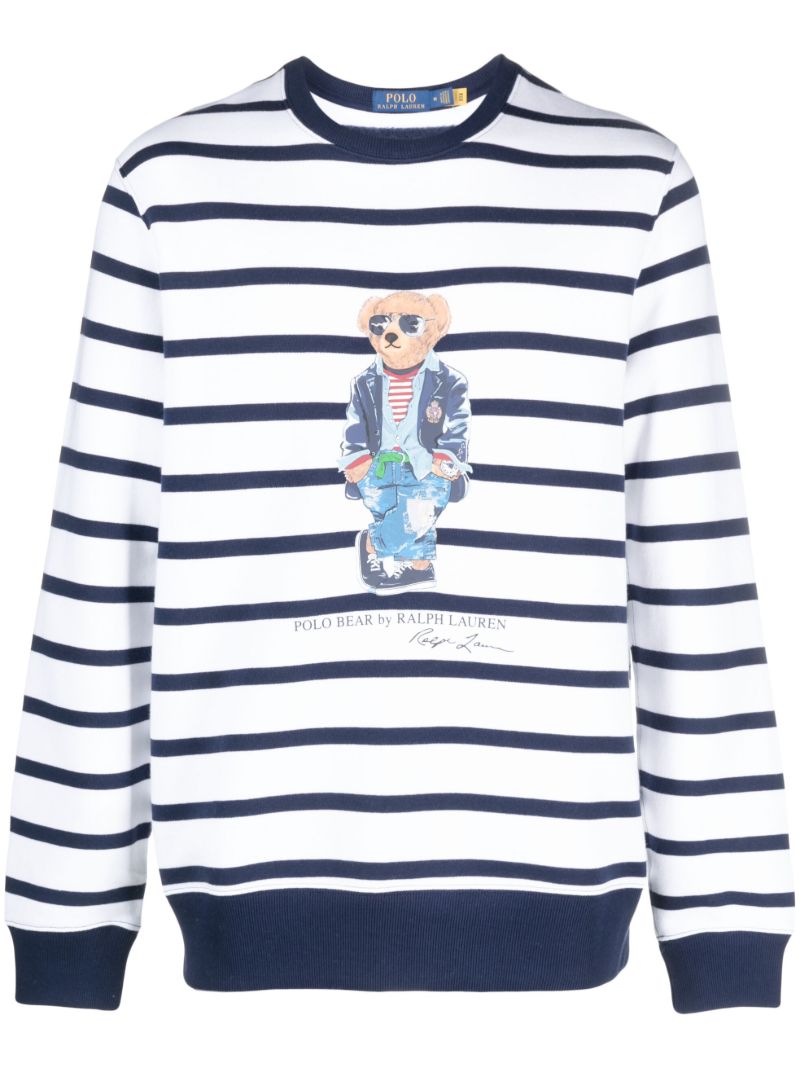 White Polo Bear Print Striped Sweatshirt