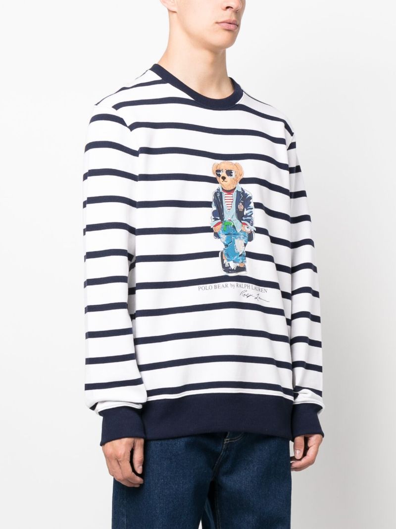 White Polo Bear Print Striped Sweatshirt