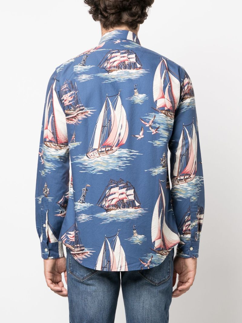 Blue Boat-print Cotton Shirt