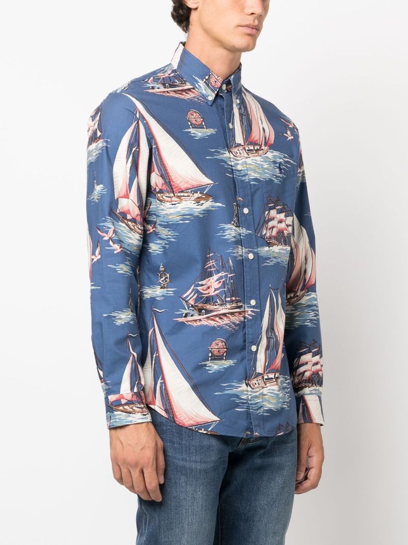 Blue Boat-print Cotton Shirt