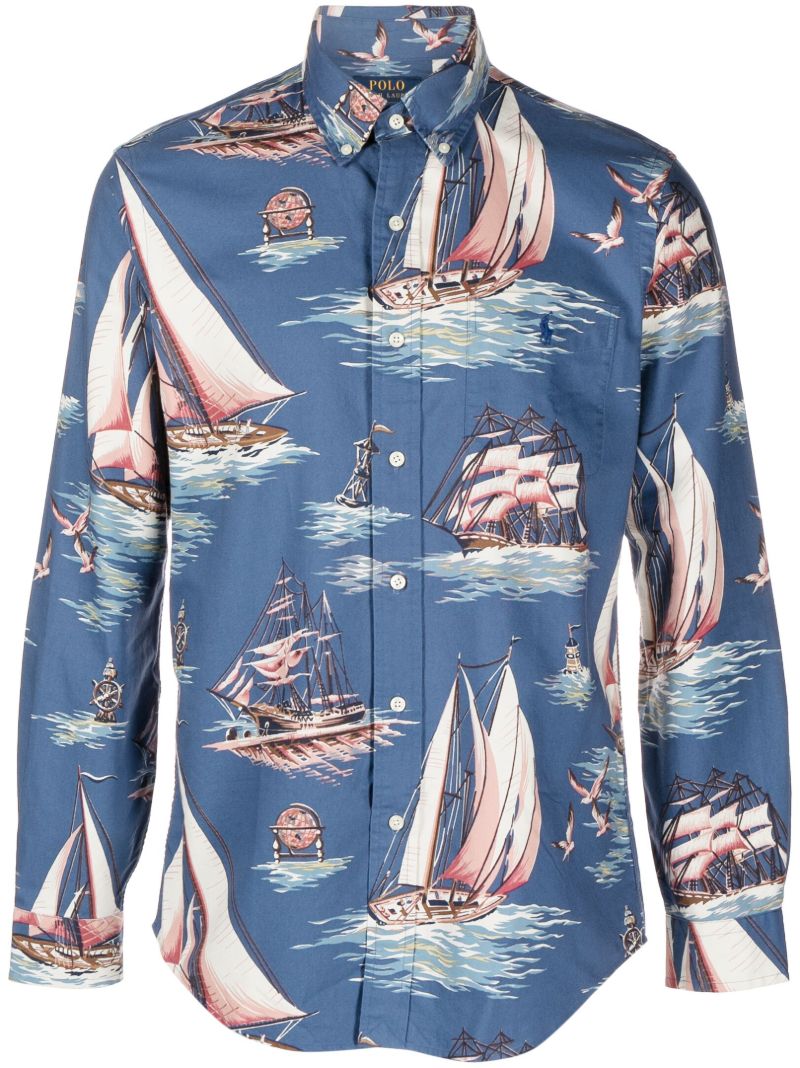 Blue Boat-print Cotton Shirt