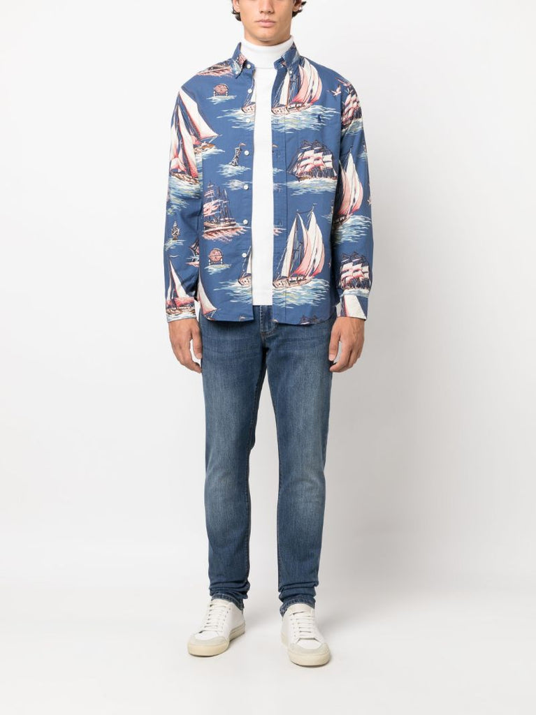 Blue Boat-print Cotton Shirt