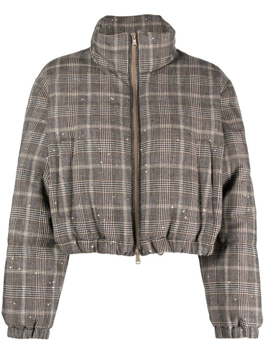 Grey Check Cropped Padded Jacket