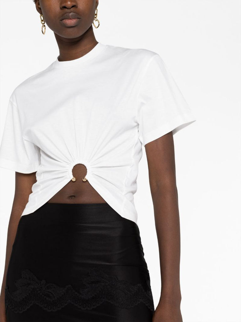 White Ruched Cropped Cotton T-shirt
