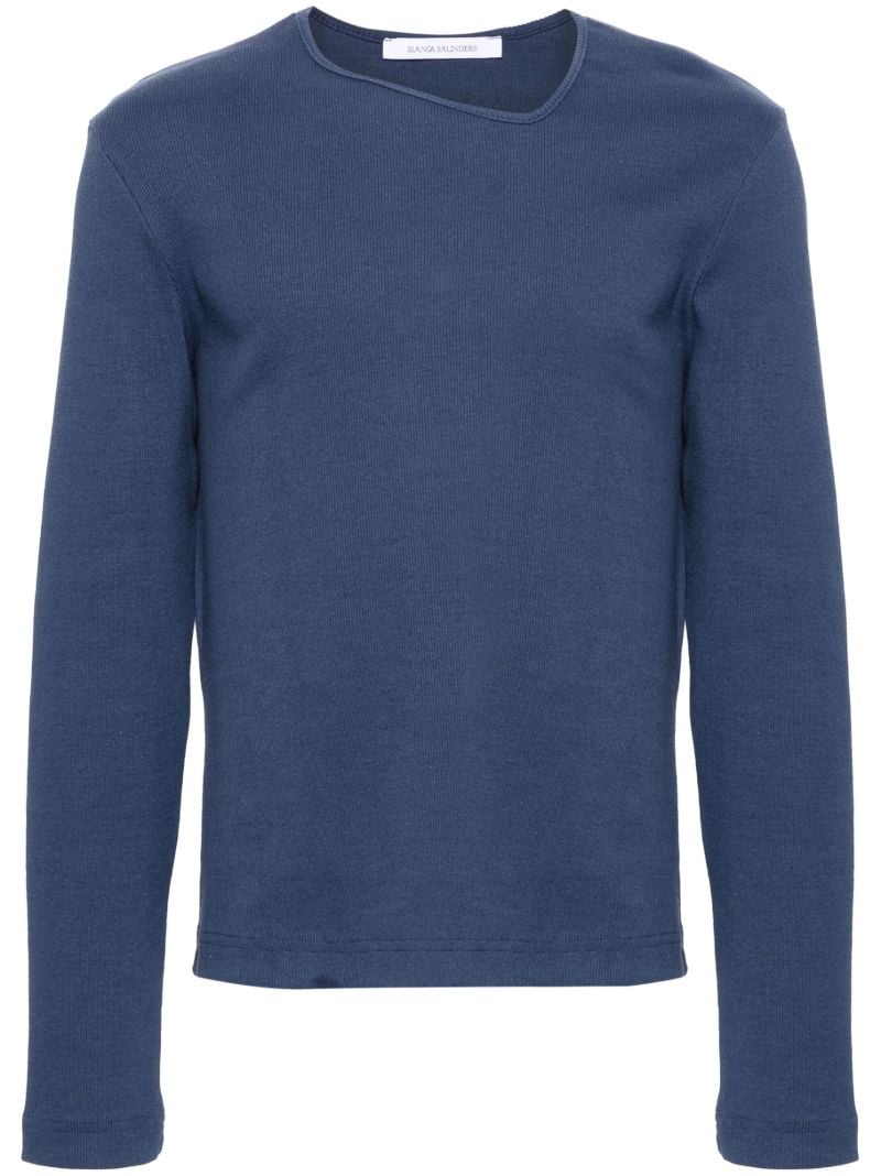 Blue Y-neck Cotton Sweater