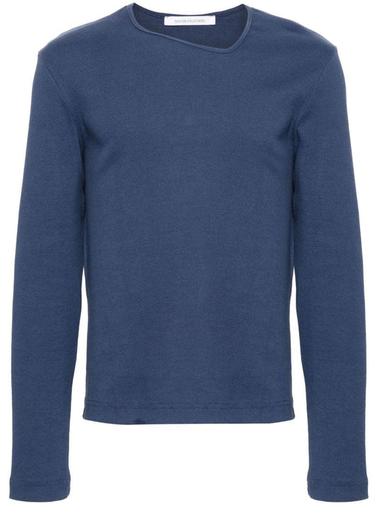 Blue Y-neck Cotton Sweater