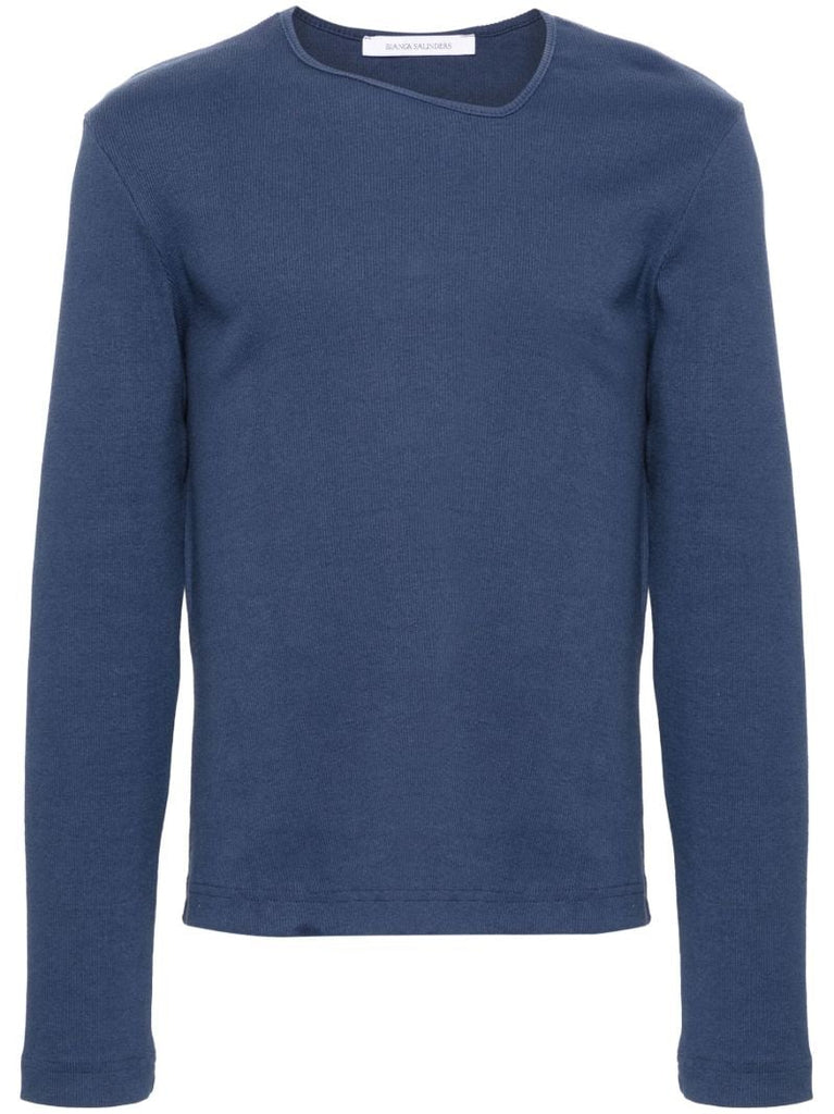 Blue Y-neck Cotton Sweater