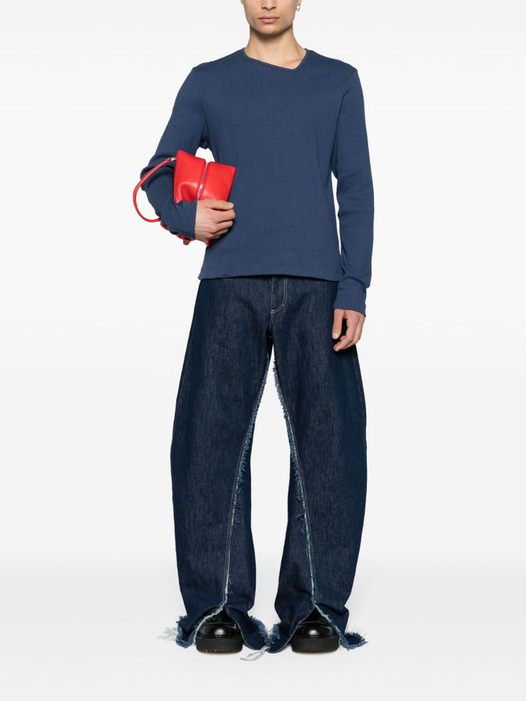 Blue Y-neck Cotton Sweater