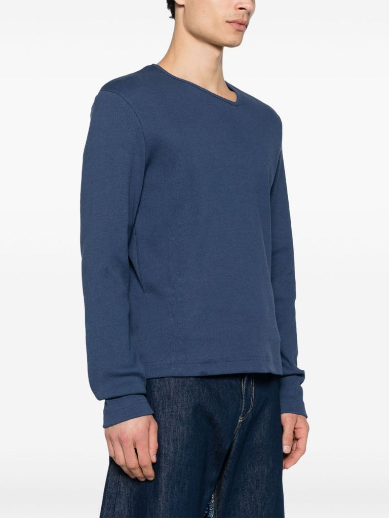 Blue Y-neck Cotton Sweater