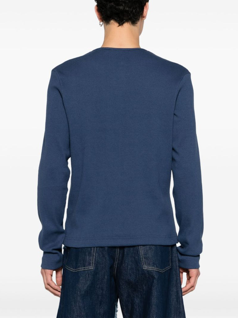 Blue Y-neck Cotton Sweater